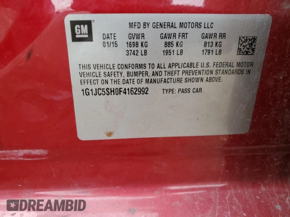 2015 Chevrolet Sonic LT z VIN 1G1JC5SH0F4162992, wystawiony jako Copart lot #53791265 z przebiegiem 76 209 mil mil oraz Szkoda całkowita • Salvage title. Historia ofert i sprzedaży dostępna na DreamBid. Obrazek 13.
