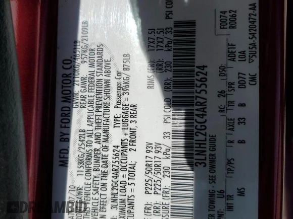 2010 Lincoln MKZ with VIN 3LNHL2GC4AR755624, listed as a Copart auction lot 53716375 with 89,788 mi miles and Clean Title. Bid and sale history available at DreamBid. Image 12.