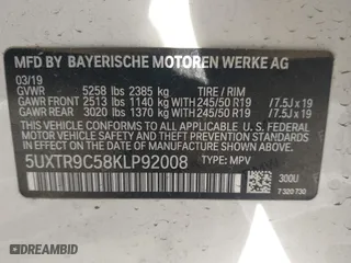 2019 BMW X3 xDrive30i with VIN 5UXTR9C58KLP92008, listed as a IAAI auction lot 41489334 with 45,125 mi miles. Bid and sale history available at carsss.com. Image 9.