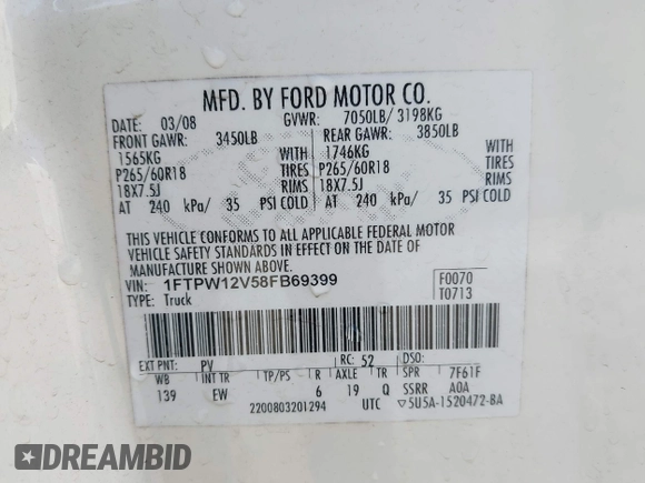 2008 Ford F-150 XLT with VIN 1FTPW12V58FB69399, listed as a IAAI auction lot 41994088 with 198,620 mi miles and . Bid and sale history available at DreamBid. Image 9.