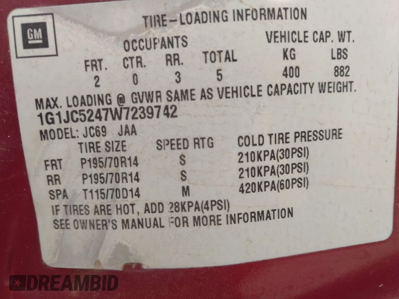 1998 Chevrolet Cavalier with VIN 1G1JC5247W7239742, listed as a IAAI auction lot 41472295 with 189,334 mi miles and . Bid and sale history available at DreamBid. Image 9.
