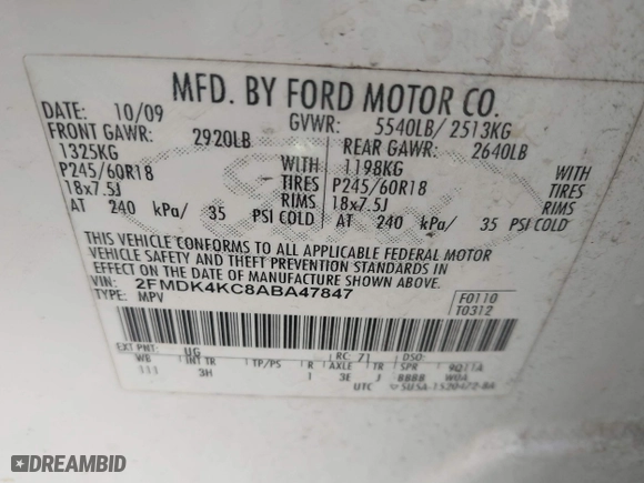 2010 Ford Edge Limited with VIN 2FMDK4KC8ABA47847, listed as a IAAI auction lot 41456469 with 249,784 mi miles. Bid and sale history available at carsss.com. Image 9.