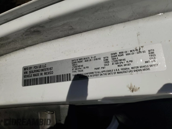 2021 Ram ProMaster Cargo with VIN 3C6LRVNG1ME576187, listed as a Copart auction lot 81195664 with Not Provided miles and Salvage Title. Bid and sale history available at DreamBid. Image 13.