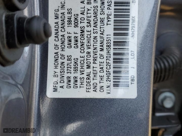 2018 Honda Civic Sedan EX with VIN 2HGFC2F70JH583511, listed as a Copart auction lot 46506235 with 32,571 mi miles and Salvage Title. Bid and sale history available at carsss.com. Image 13.
