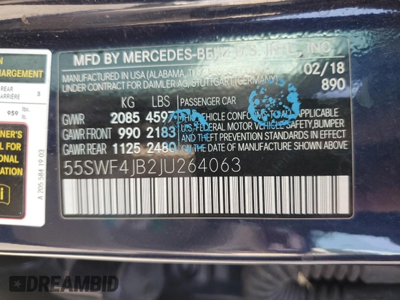 2018 Mercedes-Benz C 300 z VIN 55SWF4JB2JU264063, wystawiony jako Copart lot #55316235 z przebiegiem Nie podano mil oraz Szkoda całkowita • Salvage title. Historia ofert i sprzedaży dostępna na DreamBid. Obrazek 12.