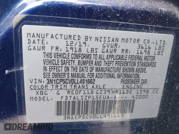 2020 Nissan Kicks SV z VIN 3N1CP5CV0LL491662, wystawiony jako IAAI lot #41610286 z przebiegiem 66 910 mil mil oraz . Historia ofert i sprzedaży dostępna na DreamBid. Obrazek 9.