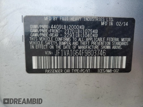 2015 Subaru WRX Limited with VIN JF1VA1G64F9803746, listed as a Copart auction lot 47207415 with 100,323 mi miles and Salvage Title. Bid and sale history available at carsss.com. Image 13.