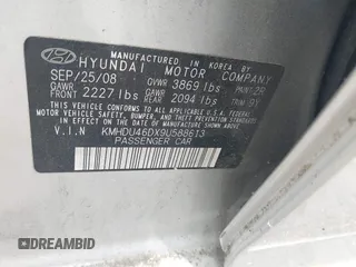 2009 Hyundai Elantra SE z VIN KMHDU46DX9U588613, wystawiony jako IAAI lot #42382685 z przebiegiem 213 577 mil mil oraz . Historia ofert i sprzedaży dostępna na DreamBid. Obrazek 9.