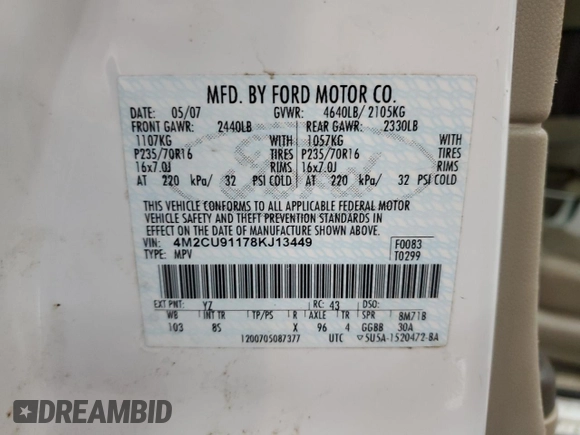 2008 Mercury Mariner with VIN 4M2CU91178KJ13449, listed as a Copart auction lot 76416274 with 184,786 mi miles and Clean Title. Bid and sale history available at carsss.com. Image 13.