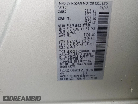 2022 Nissan Murano S with VIN 5N1AZ2AJ7NC123020, listed as a Copart auction lot 73141584 with 46,492 mi miles and Salvage Title. Bid and sale history available at DreamBid. Image 13.