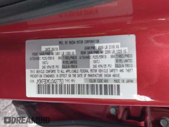2018 Mazda CX-5 Grand Touring with VIN JM3KFBDM0J0427753, listed as a IAAI auction lot 41740838 with 69,683 mi miles and . Bid and sale history available at DreamBid. Image 9.