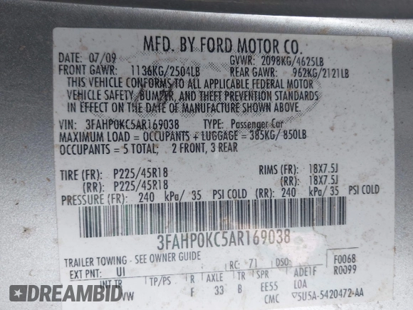 2010 Ford Fusion SPORT with VIN 3FAHP0KC5AR169038, listed as a IAAI auction lot 41848972 with 173,792 mi miles. Bid and sale history available at carsss.com. Image 9.