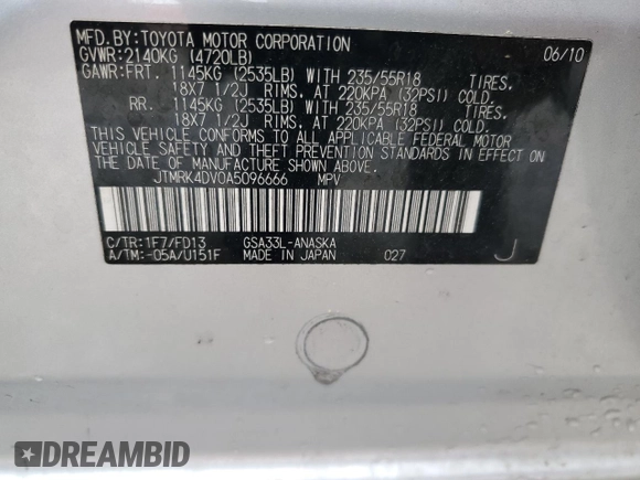 2010 Toyota RAV4 Sport с VIN JTMRK4DV0A5096666, выставлен на аукционе Copart как лот 49338005 с пробегом 151 777 миль миль и Списание • Salvage title. История ставок и продаж доступна на DreamBid. Изображение 16.