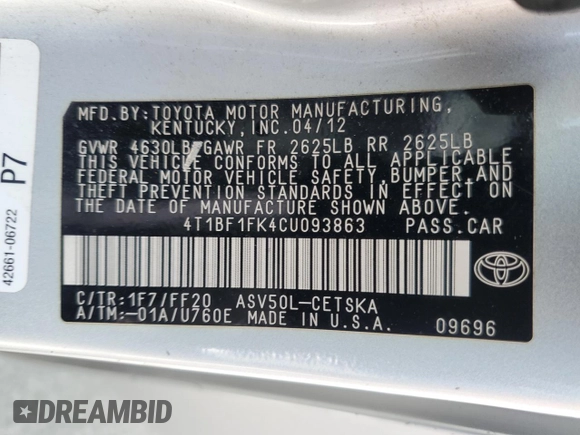 2012 Toyota Camry L with VIN 4T1BF1FK4CU093863, listed as a Copart auction lot 50611875 with 169,888 mi miles and Clean Title. Bid and sale history available at DreamBid. Image 12.
