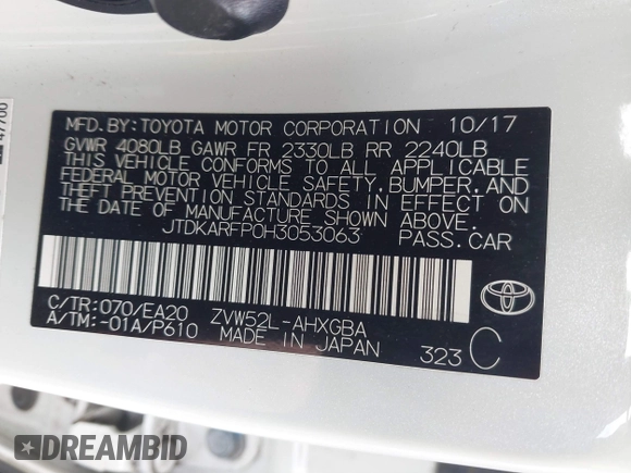 2017 Toyota Prius Plus with VIN JTDKARFP0H3053063, listed as a IAAI auction lot 41814866 with 87,303 mi miles and . Bid and sale history available at DreamBid. Image 9.