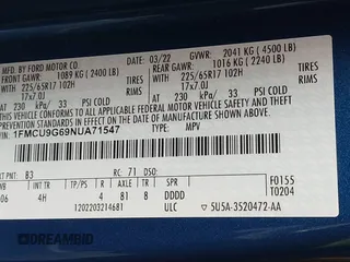 2022 Ford Escape SE with VIN 1FMCU9G69NUA71547, listed as a IAAI auction lot 41731172 with 36,273 mi miles and . Bid and sale history available at carsss.com. Image 9.
