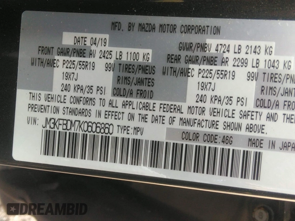 2019 Mazda CX-5 Grand Touring with VIN JM3KFBDM7K0606860, listed as a IAAI auction lot 41936338 with 93,057 mi miles. Bid and sale history available at carsss.com. Image 9.