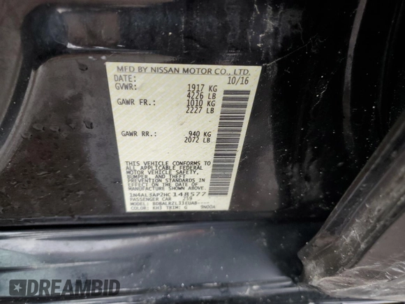 2017 Nissan Altima SV with VIN 1N4AL3AP2HC148577, listed as a Copart auction lot 59375085 with Not provided miles and Non repairable. Bid and sale history available at DreamBid. Image 12.