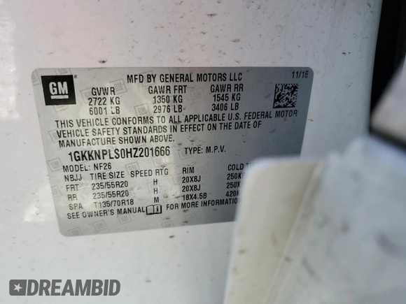 2017 GMC Acadia Denali with VIN 1GKKNPLS0HZ201666, listed as a Copart auction lot 58371465 with 139,364 mi miles and Salvage title. Bid and sale history available at DreamBid. Image 12.