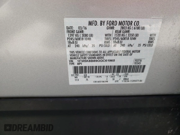 2016 Ford Explorer with VIN 1FM5K8B89GGC61965, listed as a Copart auction lot 65748725 with 17,333 mi miles and Clean title. Bid and sale history available at DreamBid. Image 13.