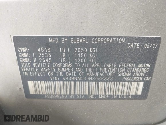 2017 Subaru Legacy Limited with VIN 4S3BNAK60H3066883, listed as a IAAI auction lot 41931927 with Not Provided miles and . Bid and sale history available at DreamBid. Image 9.