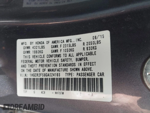 2016 Honda Accord Sport с VIN 1HGCR2F58GA024165, выставлен на аукционе IAAI как лот 42403558 с пробегом 228 746 миль миль и . История ставок и продаж доступна на DreamBid. Изображение 9.