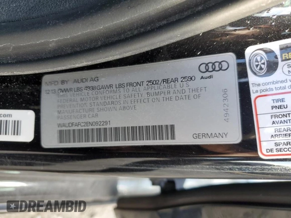 2014 Audi A6 Premium Plus with VIN WAUDFAFC2EN092291, listed as a Copart auction lot 46978435 with 176,555 mi miles and Salvage title. Bid and sale history available at DreamBid. Image 12.