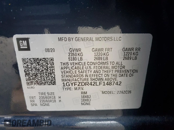 2020 Cadillac XT4 AWD Premium Luxury with VIN 1GYFZDR42LF148742, listed as a Copart auction lot 60729795 with 38,724 mi miles and Salvage title. Bid and sale history available at DreamBid. Image 13.