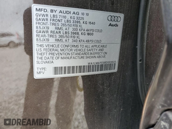 2011 Audi Q7 3.0L TDI Premium Plus with VIN WA1LMAFE0BD003626, listed as a Copart auction lot 82986124 with 142,483 mi miles and Salvage Title. Bid and sale history available at carsss.com. Image 15.