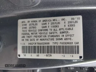 2010 Honda Accord EX z VIN 1HGCP3F79AA029668, wystawiony jako IAAI lot #41344318 z przebiegiem 106 937 mil mil oraz . Historia ofert i sprzedaży dostępna na DreamBid. Obrazek 9.