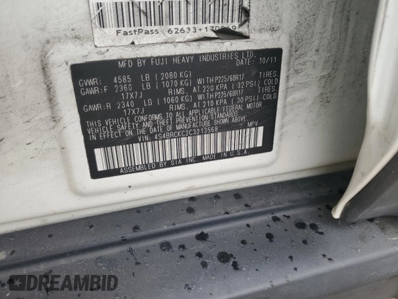 2012 Subaru Outback Limited with VIN 4S4BRCKC2C3213568, listed as a Copart auction lot 60804745 with 159,476 mi miles and Salvage title. Bid and sale history available at DreamBid. Image 12.