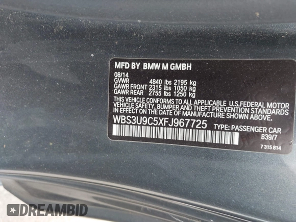 2015 BMW M4 with VIN WBS3U9C5XFJ967725, listed as a IAAI auction lot 42593444 with Not provided miles and . Bid and sale history available at DreamBid. Image 9.