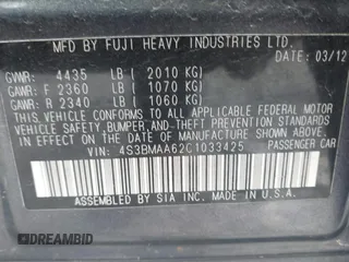 2012 Subaru Legacy 2.5i with VIN 4S3BMAA62C1033425, listed as a IAAI auction lot 41743229 with 187,726 mi miles and . Bid and sale history available at DreamBid. Image 9.