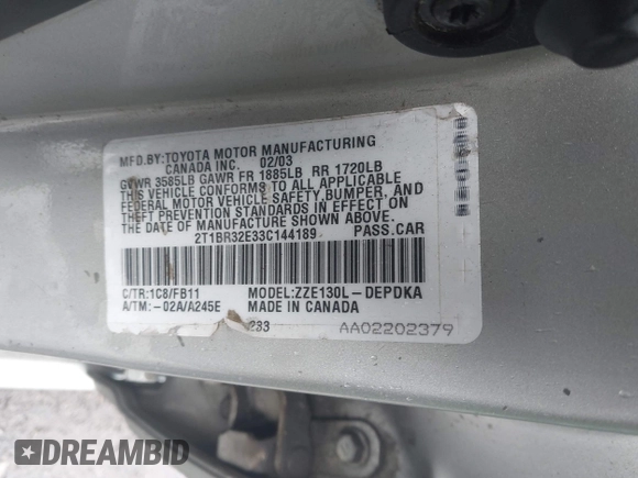 2003 Toyota Corolla CE with VIN 2T1BR32E33C144189, listed as a IAAI auction lot 42199950 with 262,369 mi miles and . Bid and sale history available at DreamBid. Image 9.