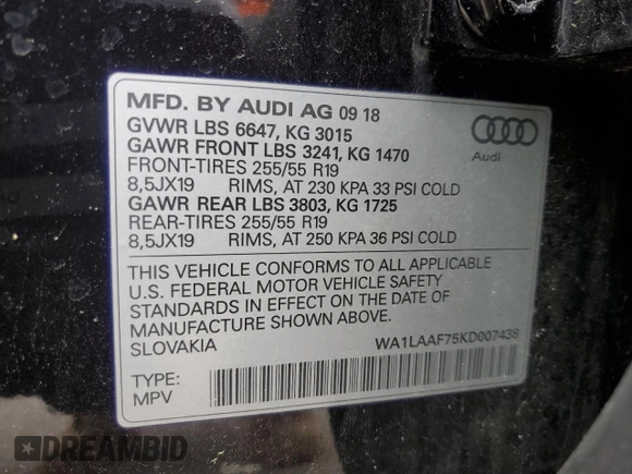 2019 Audi Q7 Premium Plus z VIN WA1LAAF75KD007438, wystawiony jako Copart lot #57358745 z przebiegiem 45 324 mil mil oraz Szkody całkowita. Historia ofert i sprzedaży dostępna na DreamBid. Obrazek 13.