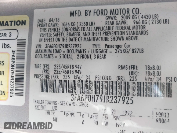 2018 Ford Fusion SE with VIN 3FA6P0H79JR237925, listed as a IAAI auction lot 40043643 with 147,919 mi miles. Bid and sale history available at carsss.com. Image 9.