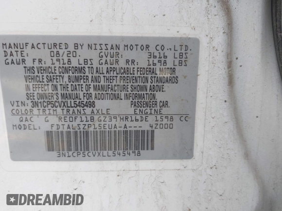 2020 Nissan Kicks SV z VIN 3N1CP5CVXLL545498, wystawiony jako IAAI lot #41940641 z przebiegiem 74 554 mil mil oraz . Historia ofert i sprzedaży dostępna na DreamBid. Obrazek 9.