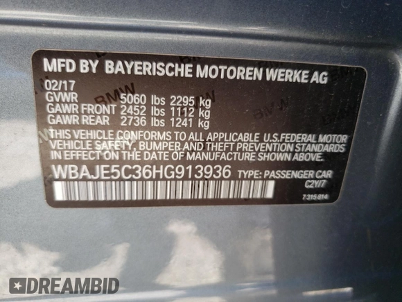 2017 BMW 5 Series 540i with VIN WBAJE5C36HG913936, listed as a Copart auction lot 63292004 with Not Provided miles and Salvage Title. Bid and sale history available at carsss.com. Image 12.