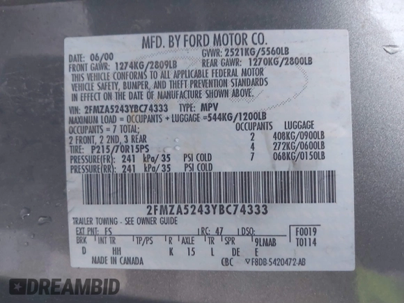 2000 Ford Windstar SE z VIN 2FMZA5243YBC74333, wystawiony jako IAAI lot #41681858 z przebiegiem Nie podano mil oraz . Historia ofert i sprzedaży dostępna na DreamBid. Obrazek 9.