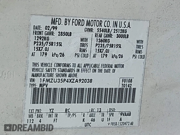 1999 Ford Explorer XLT с VIN 1FMZU35P4XZA92038, выставлен на аукционе IAAI как лот 42093151 с пробегом 156 949 миль миль и . История ставок и продаж доступна на DreamBid. Изображение 9.