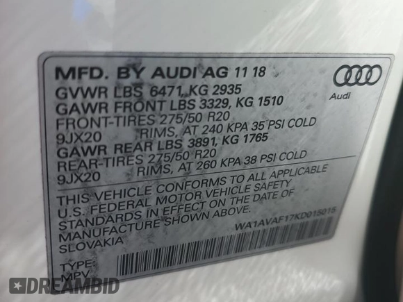 2019 Audi Q8 Premium with VIN WA1AVAF17KD015015, listed as a Copart auction lot 59841555 with 49,977 mi miles and Non repairable. Bid and sale history available at DreamBid. Image 14.