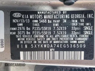 2014 Kia Sorento SX Limited с VIN 5XYKWDA74EG536509, выставлен на аукционе Copart как лот 86627414 с пробегом 107 093 миль миль и Списание • Salvage title. История ставок и продаж доступна на DreamBid. Изображение 13.