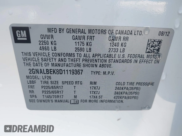 2013 Chevrolet Equinox LS z VIN 2GNALBEK8D1119367, wystawiony jako IAAI lot #41836642 z przebiegiem 125 272 mil mil oraz . Historia ofert i sprzedaży dostępna na DreamBid. Obrazek 9.