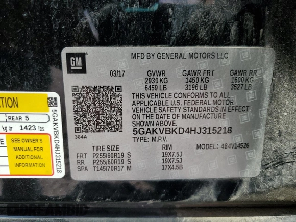 2017 Buick Enclave Leather with VIN 5GAKVBKD4HJ315218, listed as a Copart auction lot 53353915 with 132,781 mi miles and Salvage Title. Bid and sale history available at DreamBid. Image 14.
