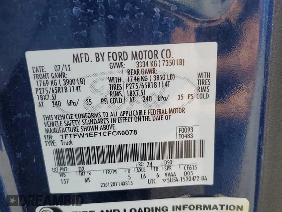2012 Ford F-150 XL z VIN 1FTFW1EF1CFC60078, wystawiony jako Copart lot #56228995 z przebiegiem 202 256 mil mil oraz Szkoda całkowita • Salvage title. Historia ofert i sprzedaży dostępna na DreamBid. Obrazek 12.