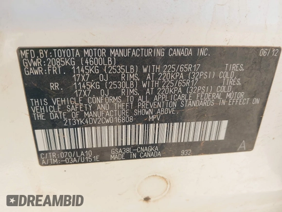 2012 Toyota RAV4 Limited z VIN 2T3YK4DV2CW016808, wystawiony jako IAAI lot #42603146 z przebiegiem 129 957 mil mil oraz . Historia ofert i sprzedaży dostępna na DreamBid. Obrazek 9.