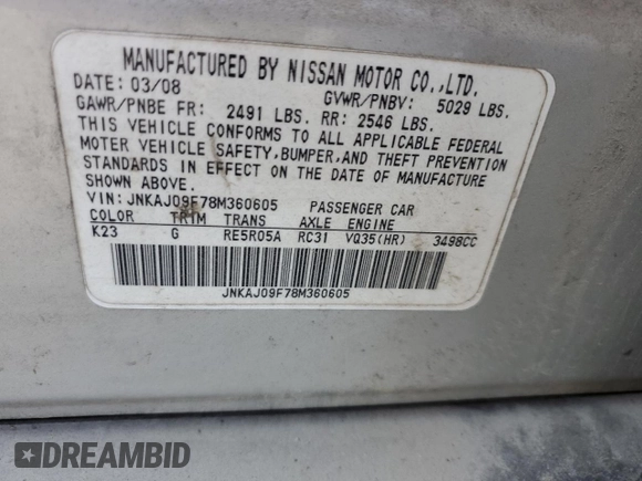 2008 Infiniti EX Journey with VIN JNKAJ09F78M360605, listed as a Copart auction lot 69928044 with 212,369 mi miles and Salvage Title. Bid and sale history available at DreamBid. Image 14.