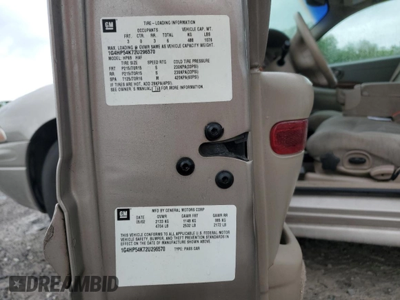 2002 Buick LeSabre Custom with VIN 1G4HP54K72U296570, listed as a Copart auction lot 53794995 with 190,655 mi miles and Salvage Title. Bid and sale history available at carsss.com. Image 12.