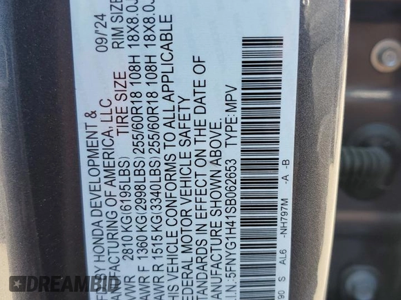 2025 Honda Pilot EX-L with VIN 5FNYG1H41SB062653, listed as a Copart auction lot 49490615 with 1,091 mi miles and Salvage Title. Bid and sale history available at carsss.com. Image 13.