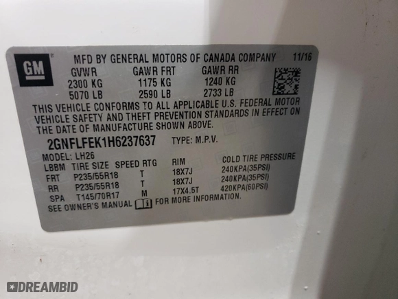 2017 Chevrolet Equinox LT with VIN 2GNFLFEK1H6237637, listed as a Copart auction lot 54168325 with 109,418 mi miles and Salvage Title. Bid and sale history available at carsss.com. Image 14.